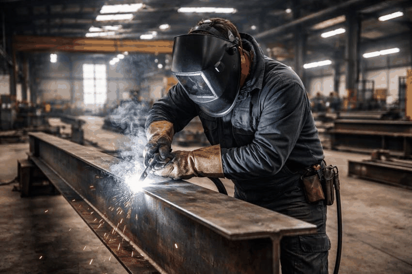 Welder wearing a welding helmet and gloves at a steel fabrication bench